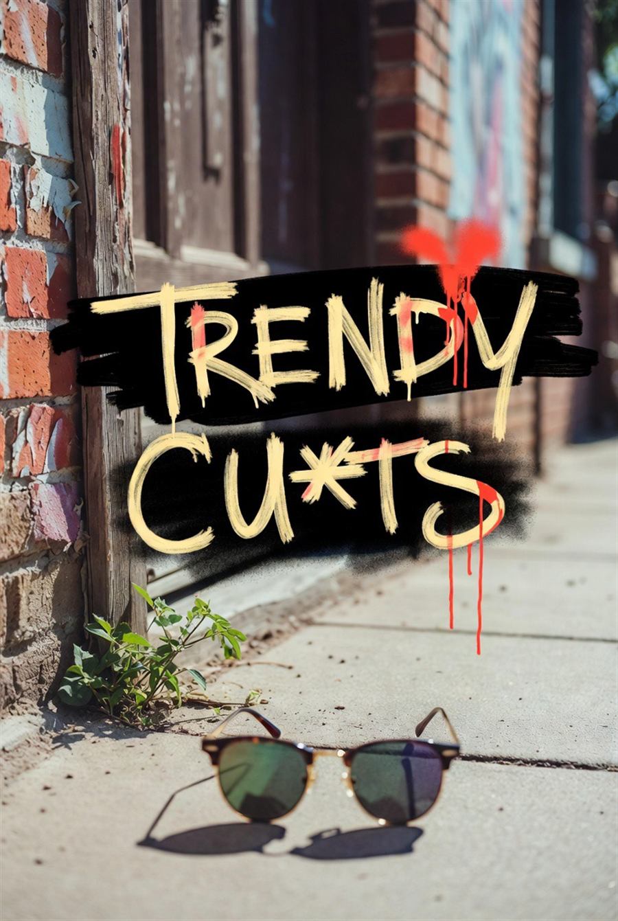 The Trendy Cuts name spray-painted on an alley wall above a pair of sunglasses on the sidewalk